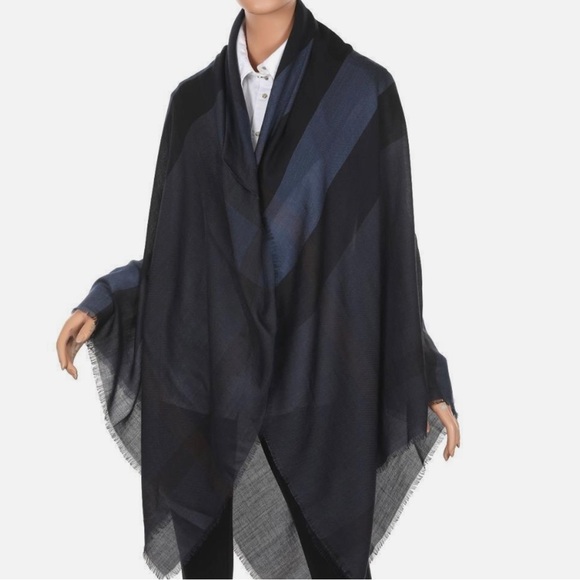 BURBERRY
 
Large Lightweight Check Silk Modal Wool Square Scarf In Navy - Picture 5 of 7